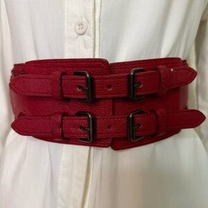 Burgundy PU leather double buckle elastic waistband belt